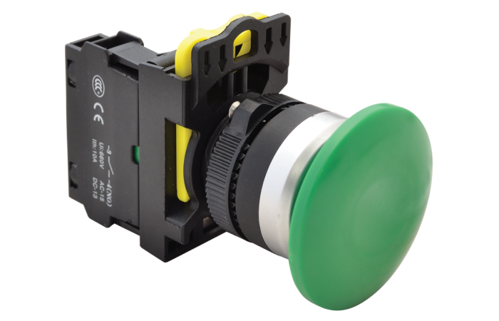 Przycisk grzybkowy, zielony 1×NO, 5A/230V AC-15, 40mm, IP65 | NYG3-MG Tracon