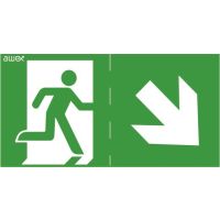 Piktogram 100x300 23 chłopek w drzwiach ukośna strzałka góra/dół, logo Awex (ISO7010) | PM23 Awex