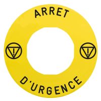 Etykieta Fi-60mm ARRET D'URGENCE/logo ISO13850, okrągła żółta | ZBY9130T Schneider Electric