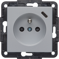 Gniazdo zasilające z uziemieniem z ładowarką USB C 2,4 A / 12W, srebrny, Lumina | WL4802 Hager