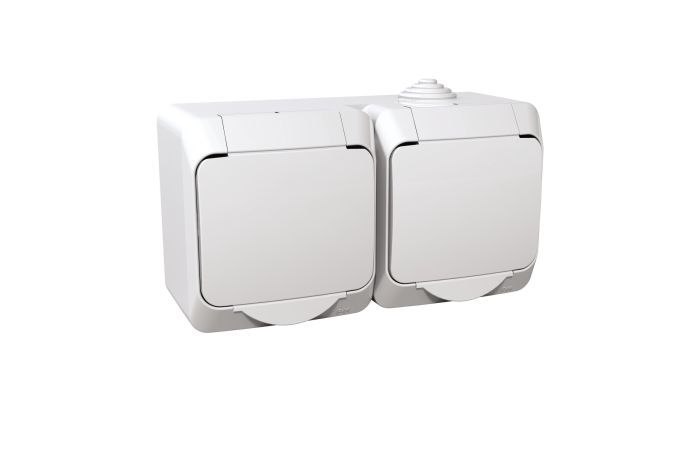 Gniazdo hermetyczne natynkowe podwójne z uziemieniem z klapką i przesłonami 16A IP44 białe, Cedar Plus | WDE000522 Schneider Electric