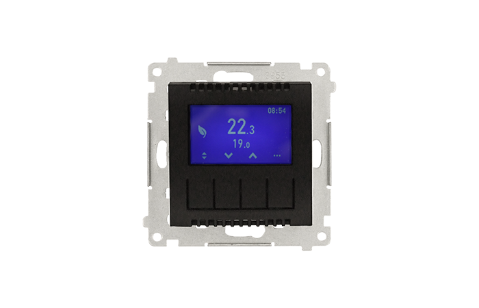 Termostat programowalny z wyświetlaczem z wew/zewn czujnikiem temperatury, bez sondy czarny mat | DETD1A.01/49 Kontakt Simon