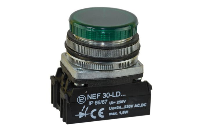 Lampka sygnalizacyjna NEF30LD 24-230V Fi-30mm, diodowa, uniwersalna, klosz płaski, okrągły, zielona | W0-LDU1-NEF30LD Z Promet