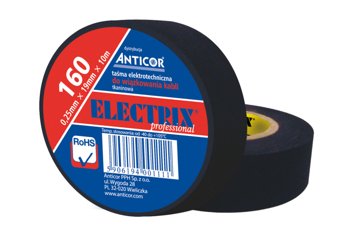 Taśma tkaninowa ELECTRIX 160 19mmx10m, parciana czarna | PE-160P000-0019010 Anticor