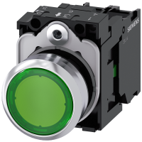 Przycisk podświetlany 22mm okrągły, metal, błyszczący, zielony, płaski z samopowrotem SIRIUS ACT | 3SU1152-0AB40-1BA0 Siemens