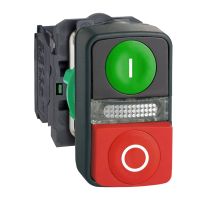 Przycisk zielony kryty/czerwony wystający podświetlany dwuklawiszowy Fi-22mm 1NO 1NC 240V | XB5AW73731M5 Schneider Electric