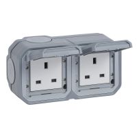 Gniazdo podwójne standard brytyjski n/t 2X2P 13A 250V IP55 zaciski śrubowe, szary, Nowe Plexo | 069739L Legrand