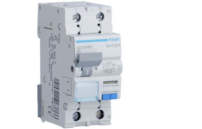 Wyłącznik różnicowoprądowy z członem nadprądowym 2P B 6A 30mA typ AC, RCBO | ADC906D Hager