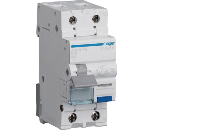 Wyłącznik różnicowoprądowy z członem nadprądowym 2P B 16A 30mA typ AC, RCBO | ADC916D Hager
