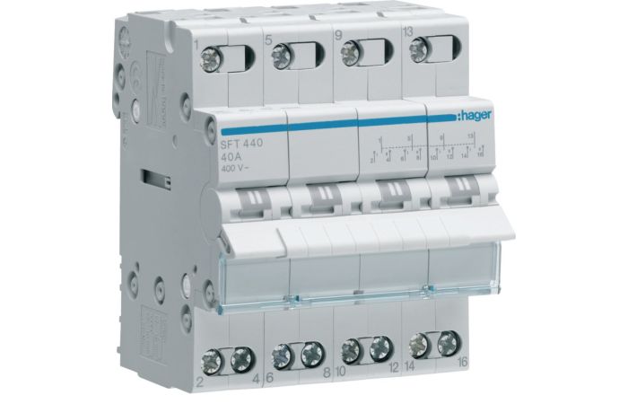 Modułowy przełącznik instalacyjny I-0-II punkt wsp&oacute;lny od g&oacute;ry 4P 40A 400VAC | SFT440 Hager