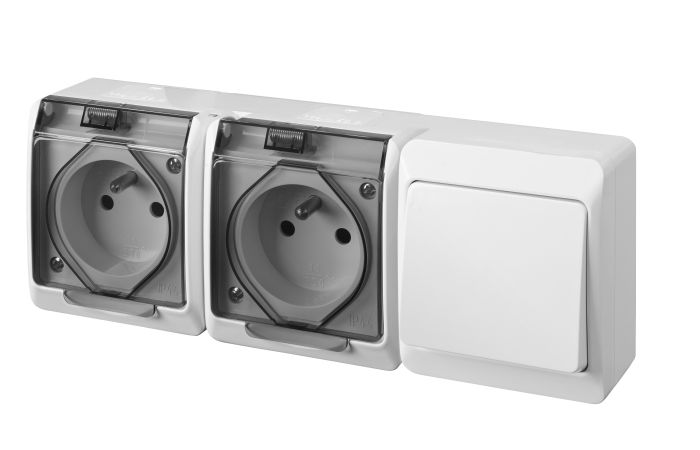 Zestaw hermetyczny natynkowy IP44: Gniazdo podwójne z uziemieniem 2x2P+Z + łącznik jednobiegunowy, dymne+białe, Hermes | 0327-21 Elektro-Plast Nasielsk