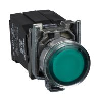 Przycisk podświetlany zielony kryty Fi-22mm z samopowrotem żar. BA9s 110-120V 1NO+1NC, trafo.metal. | XB4BW3335 Schneider Electric