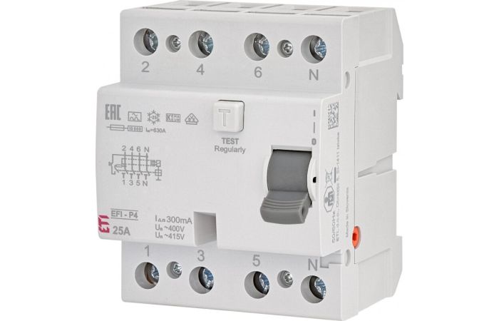 Wyłącznik r&oacute;żnicowoprądowy 4P 25A 30mA typ A 6kA, EFI6-P4 A 25/0.03 | 002061661 Eti