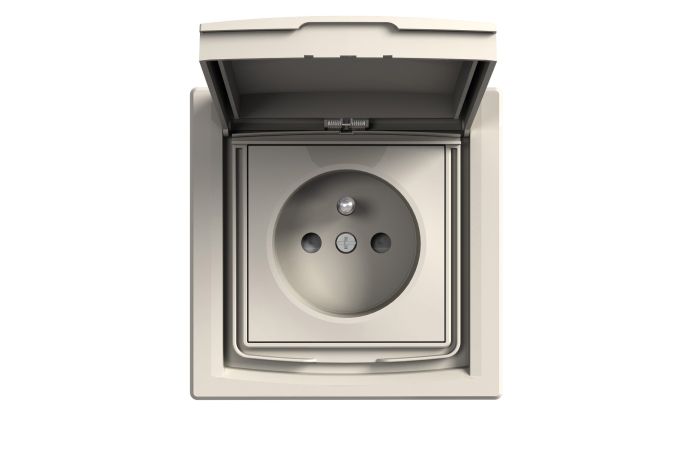 Gniazdo pojedyncze z/u z przesłonami styk&oacute;w z klapką IP44 z ramką 16A 230V kremowe, Asfora | EPH2800323 Schneider Electric