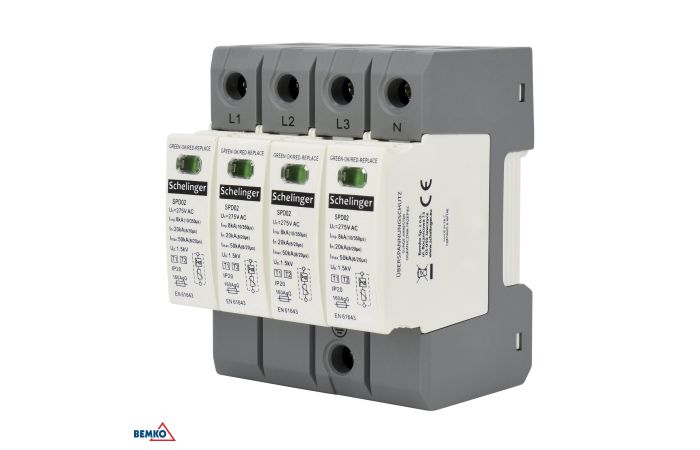 Ogranicznik przepięć 4P 7kA (10/350) klasa T1+T2 (B+C) Schelinger | A51-SPD02-4P-B+C Bemko