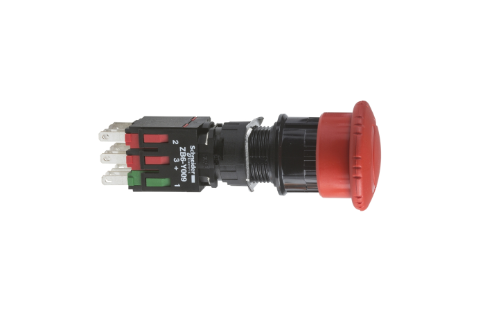 Główka przycisku Fi-16mm zatrzymanie awaryjne czerwony 30mm z blokadą odryglowania obrotu 1NO 2NC | XB6AS8349B Schneider Electric